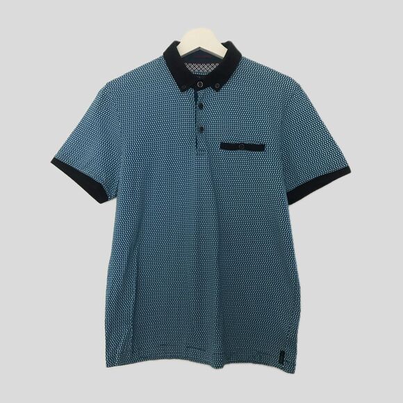 Ted Baker Blue Cotton Geometric Print Short Sleeve Collared Polo Shirt 3 M - Picture 1 of 8